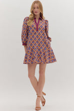 Load image into Gallery viewer, Maya- Wine Geometric print long puff sleeve mini dress
