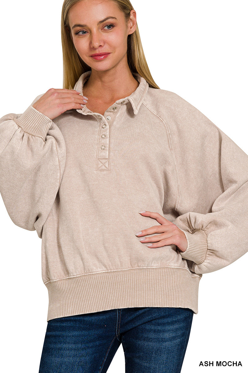 ALLIE- washed Ash Mocha button up collared pullover
