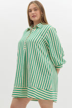 Load image into Gallery viewer, PLUS HALLIE- Striped seersucker pullover mini dress featuring button closure cuff 3/4 bubble sleeve
