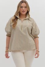 Load image into Gallery viewer, Plus Belle- Olive Stripe pattern half-zip closure short puff sleeve top
