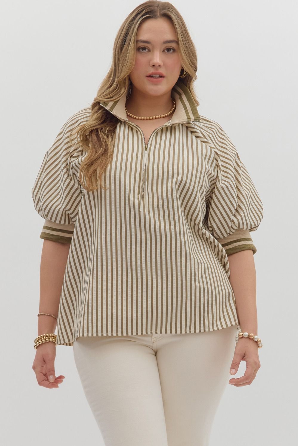 Plus Belle- Olive Stripe pattern half-zip closure short puff