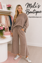 Load image into Gallery viewer, Washed Mocha fleece two piece cropped wide leg sweatsuit
