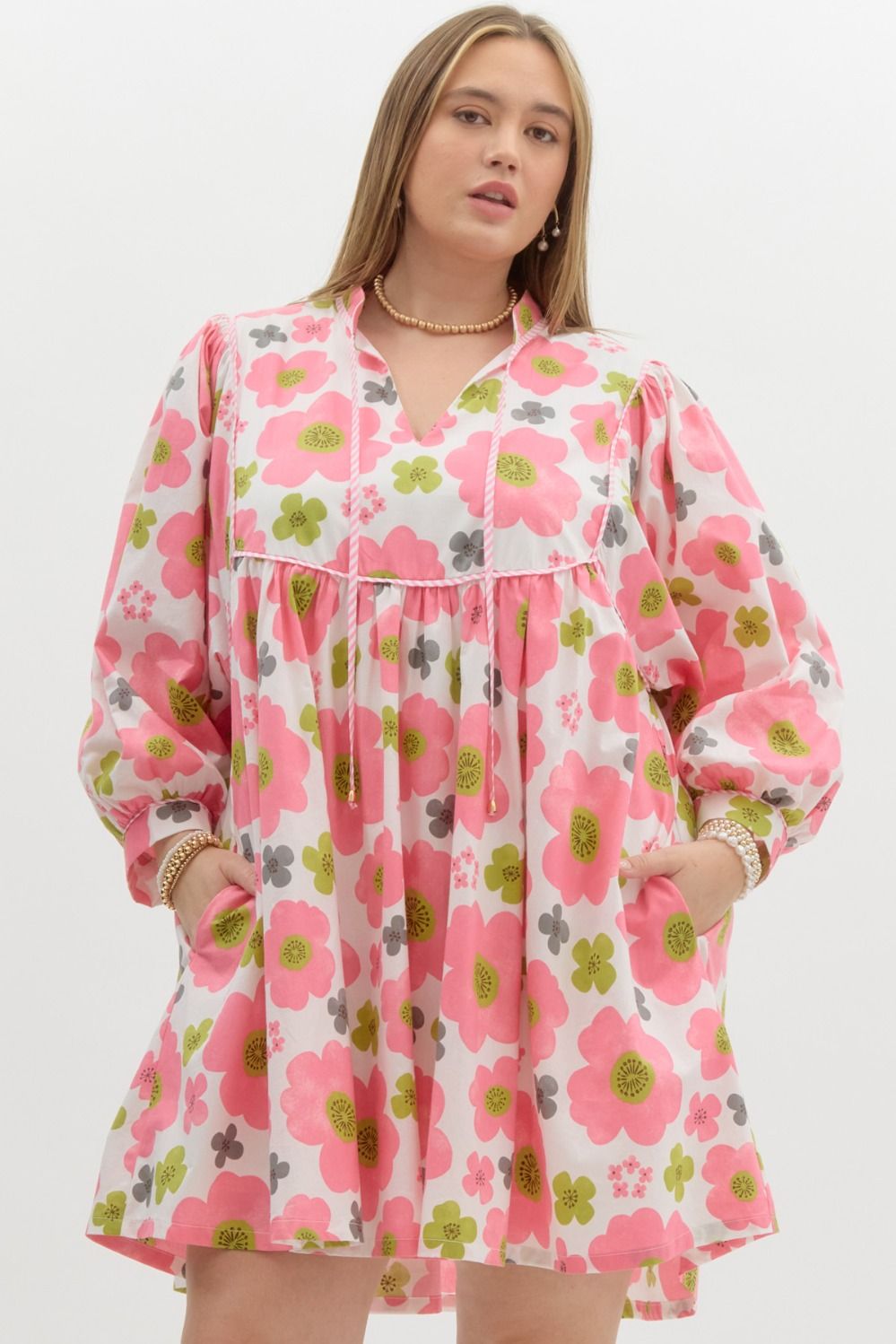 PLUS IZET- Pink fun Floral combo babydoll dress with  pockets