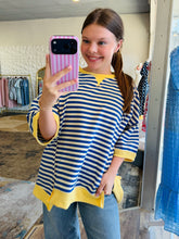 Load image into Gallery viewer, Blue striped oversized top with butter yellow details
