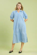 Load image into Gallery viewer, UMGEE- Striped v neck blue midi length dress
