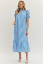 Load image into Gallery viewer, ENTRO- Blue Eyelet short puff sleeve midi dress
