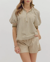 Load image into Gallery viewer, Belle- Olive Stripe pattern half-zip closure short puff sleeve top
