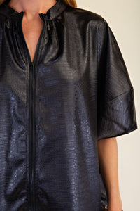 Vasia- Textured black silk stamped zip front top