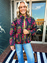 Load image into Gallery viewer, Botanical long sleeve black quilted jacket
