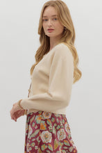 Load image into Gallery viewer, Hattie- Cream cropped cardigan featuring gold accent button front closure
