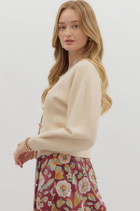 Hattie- Cream cropped cardigan featuring gold accent button front closure