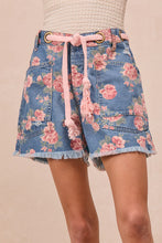 Load image into Gallery viewer, BRAIDED WAIST BELT PATCH POCKETS FLORAL PRINT DENIM SHORTS
