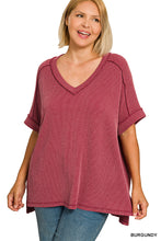 Load image into Gallery viewer, Plus Basic ribbed Burgundy V-neck casual top (Copy)
