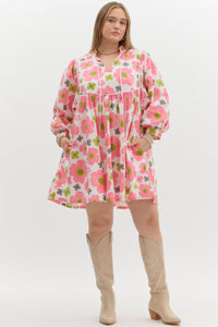 PLUS IZET- Pink fun Floral combo babydoll dress with  pockets