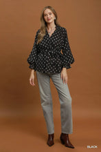 Load image into Gallery viewer, UMGEE Black Polka Dot Split Neck Blouse with Ruffle Cuffs
