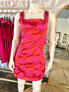 LETA- Red/ dark fuchsia jacquard detachable back bow mini dress