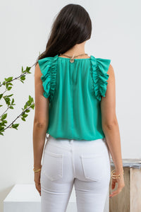 Jazmine- Kelly Green sleeveless ruffle detail top