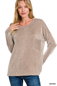 Reno- Brown Ribbed oversized long sleeve top