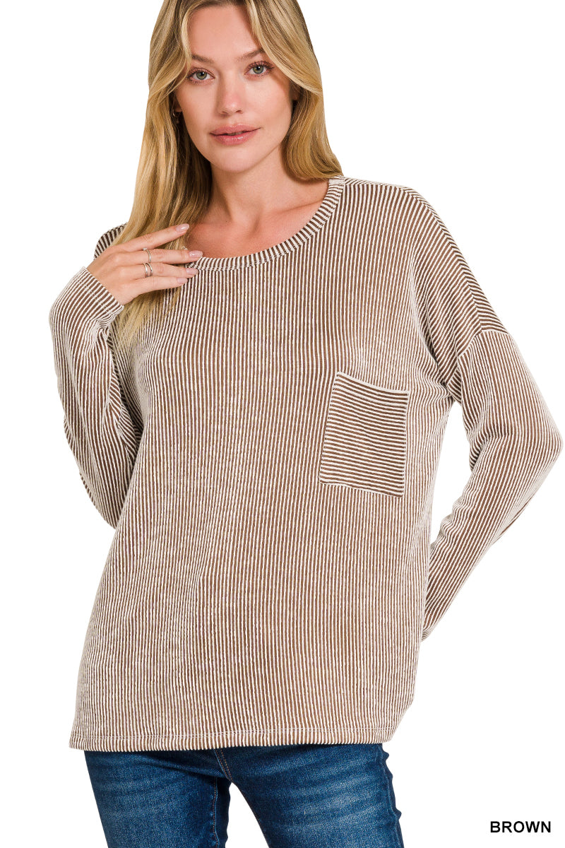 Reno- Brown Ribbed oversized long sleeve top