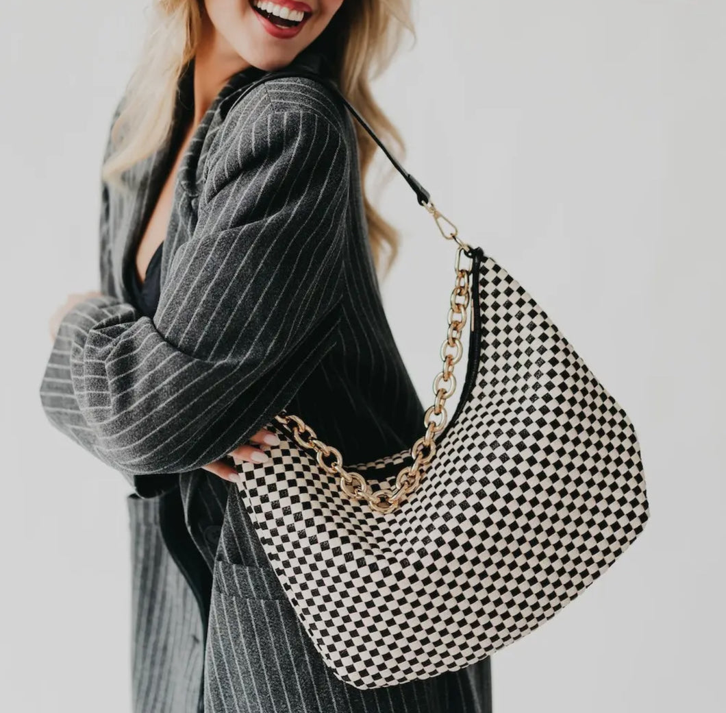 Pretty Simple- Sienna Black checkered Slouchy woven shoulder bag with gold hardware