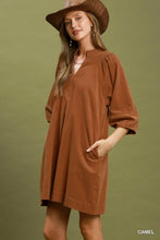 Load image into Gallery viewer, UMGEE v neck camel shift dress with pockets
