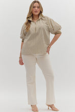 Load image into Gallery viewer, Plus Belle- Olive Stripe pattern half-zip closure short puff sleeve top
