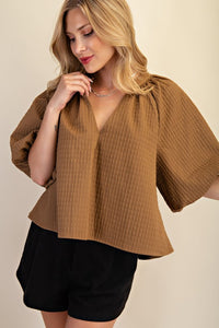 Zee- Deep Mocha Textured Puff sleeve top