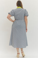 Load image into Gallery viewer, Navy Stripe print short puff sleeve midi dress
