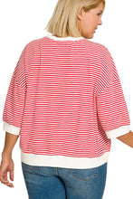 Load image into Gallery viewer, Ruby Red quarter sleeve STRIPED CONTRAST TRIM RIB BANDED TOP
