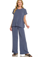 Load image into Gallery viewer, Denim Blue Two piece ribbed wide leg set

