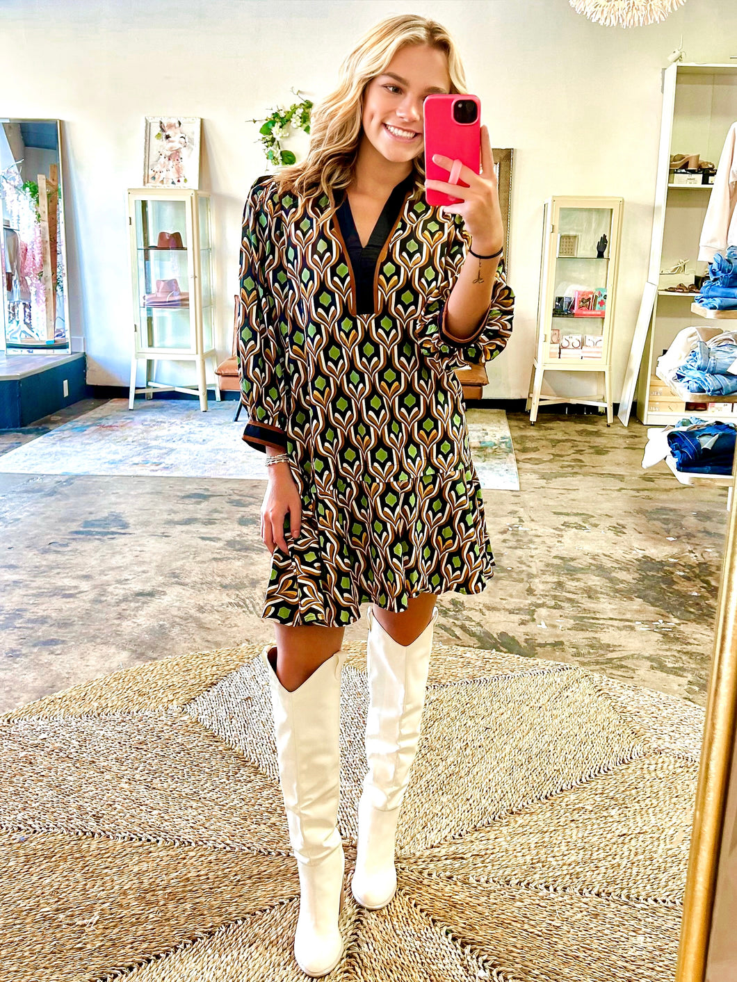 Maya- Black Geometric print long puff sleeve mini dress