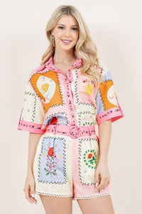 BLAIR- Two piece coastal print patch work shorts set