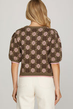 Load image into Gallery viewer, Retro Fall- 70s inspired floral print olive/ pink sweater top
