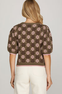 Retro Fall- 70s inspired floral print olive/ pink sweater top