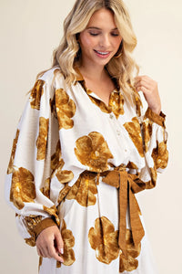 Dalia- Camel Large Floral Print wide leg button down top