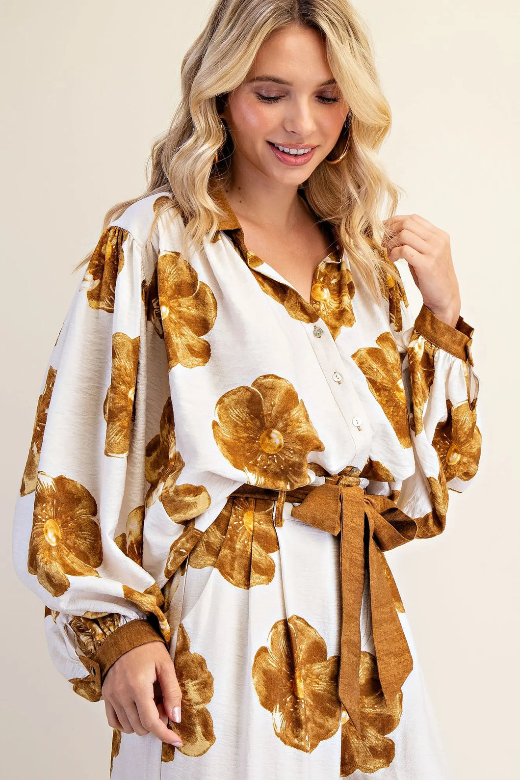 Dalia- Camel Large Floral Print wide leg button down top