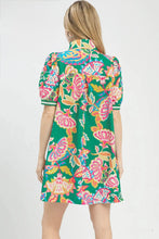 Load image into Gallery viewer, Emerald Jacquard Paisley Print Puff Sleeve Tunic Dress
