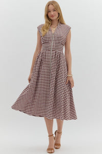 Montana- Chocolate Gingham smocked waist zip up midi dress