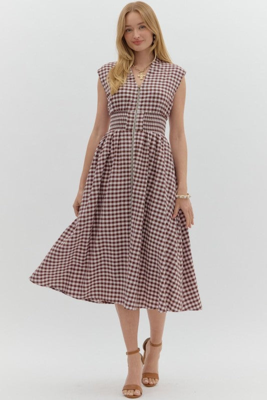 Montana- Chocolate Gingham smocked waist zip up midi dress