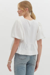 MYLIE- Off white Solid puff sleeve peplum  self bow tie  top