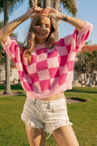 MARLO- Fuchsia/Pink Check pattern short puff sleeve sweater top