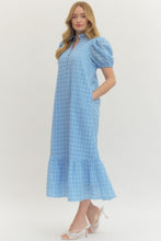 Load image into Gallery viewer, ENTRO- Blue Eyelet short puff sleeve midi dress
