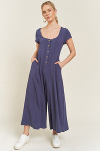 PLUS COCO- Linen NAVY button down cropped wide leg jumpsuit