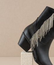 Load image into Gallery viewer, ROWAN - black pointy western black booties with rhinestone fringe detail
