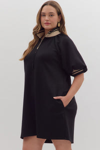 Plus Bethenny- Thick High Collared loose fit Black dress with pockets