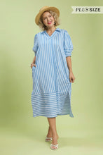 Load image into Gallery viewer, Plus blue Striped Puff Sleeve Midi Dress
