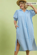 Load image into Gallery viewer, Plus blue Striped Puff Sleeve Midi Dress
