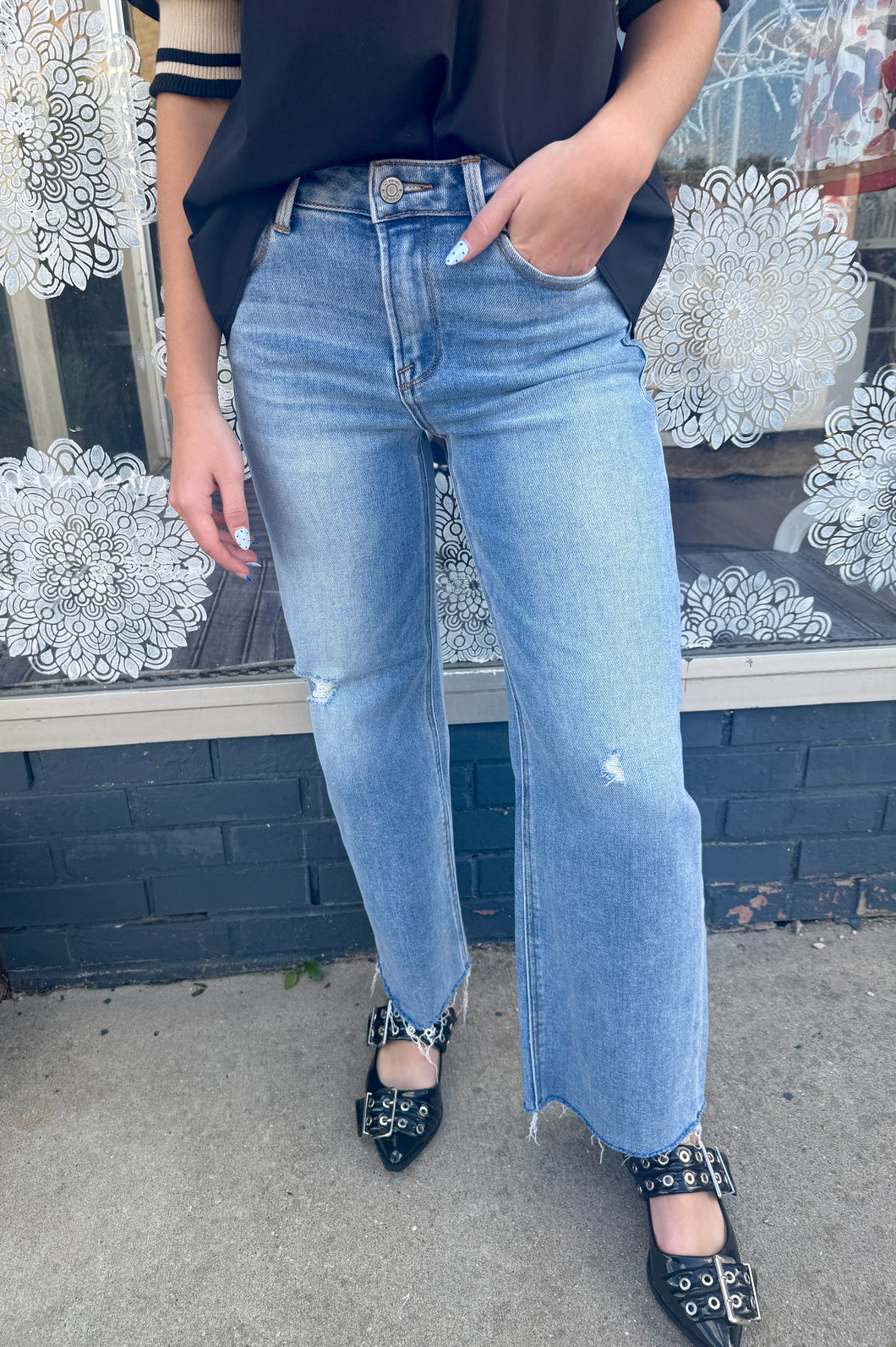 J21 eleven by Risen Jeans- Medium Wash High Waisted Wide Leg Raw Hem Jeans
