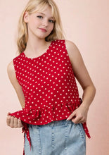 Load image into Gallery viewer, Red polka dot side tie detail peplum top

