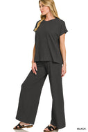 Black Two piece ribbed wide leg set